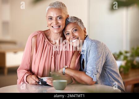 Friends, coffee and portrait of senior women enjoying quality time, relaxing and bonding together in cafe. Drinking coffee, happiness and females Stock Photo