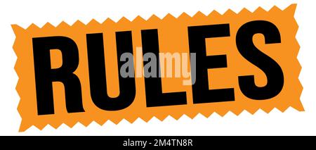 RULES text written on orange-black zig-zag stamp sign. Stock Photo
