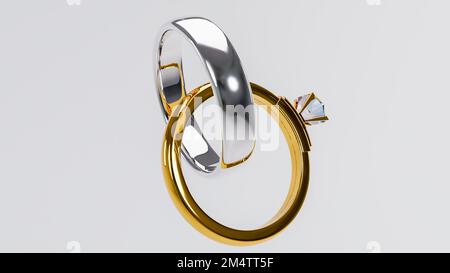 3d illustration of two gold wedding rings on abstract background, Golden and silver wedding rings decorated with precious stones connected like chain Stock Photo