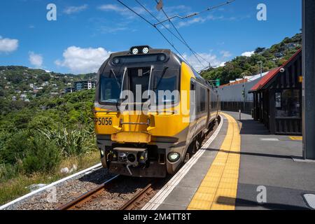 Suburban Electric train at Khandallah station on the Johnsonville line, Wellington, North Island, New Zealand Stock Photo