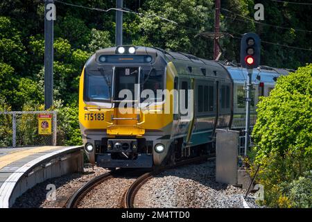 Suburban Electric train at Khandallah station on the Johnsonville line, Wellington, North Island, New Zealand Stock Photo