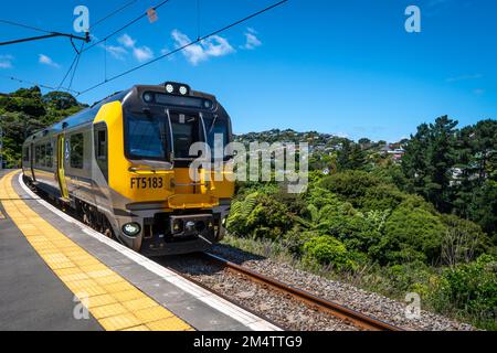 Suburban Electric train at Khandallah station on the Johnsonville line, Wellington, North Island, New Zealand Stock Photo