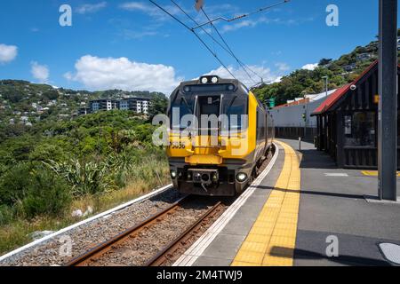 Suburban Electric train at Khandallah station on the Johnsonville line, Wellington, North Island, New Zealand Stock Photo