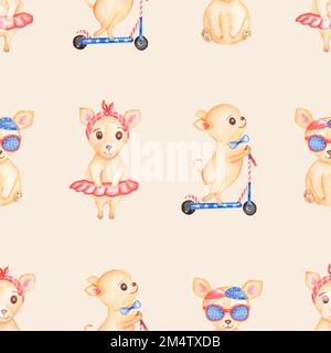 Watercolor Transport seamless pattern,  Hand drawn scooter, fashion dog. Cute domestic animal, kids party,  chihuahua dog clipart,  Illustration for f Stock Photo