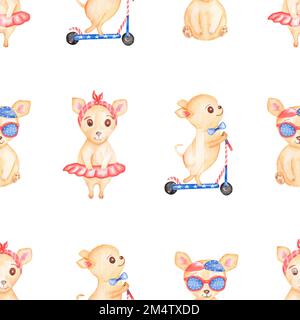 Watercolor Transport seamless pattern,  Hand drawn scooter, fashion dog. Cute domestic animal, kids party,  chihuahua dog clipart,  Illustration for f Stock Photo