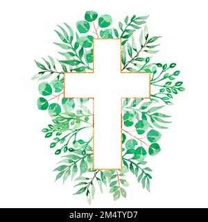 Watercolor Easter Cross Clipart, Spring Floral Arrangements, Baptism Crosses DIY Invitation, Greenery Easter clipart, Golden frame and foliage, Holy S Stock Photo