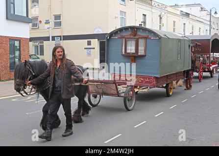 Traditional Gypsy caravan travelling through the High St, Cheltenham, Gloucestershire, England, UK, GL50 3JF Stock Photo