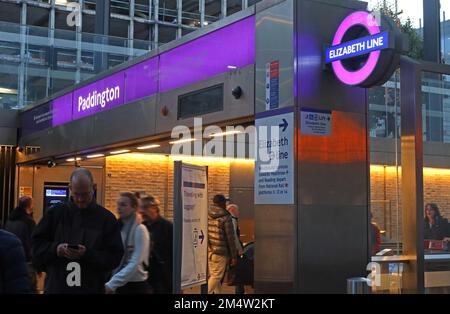 New Elizabeth Line Crossrail entrance to station at London Paddington, purple London transport Elizabeth Line roundel sign Stock Photo