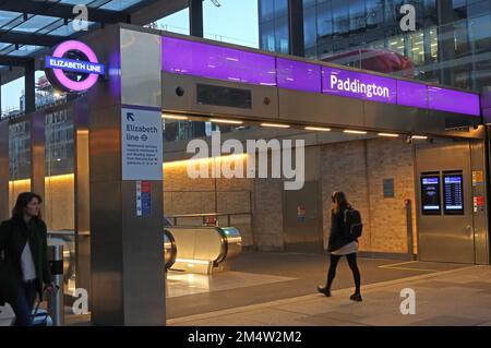 New Elizabeth Line Crossrail entrance to station at London Paddington, purple London transport Elizabeth Line roundel sign Stock Photo