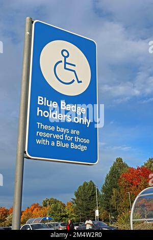 Blue badge holders only area sign, these bays are reserved for those, with a blue badge,Tesco Askham Bar, Tadcaster Rd, York, Yorkshire, YO24 1LW Stock Photo