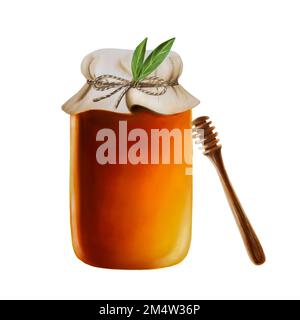 Watercolor glass jar of amber honey with wooden stick. Hand drawn immunity strengthening vitamins illustration  Stock Photo