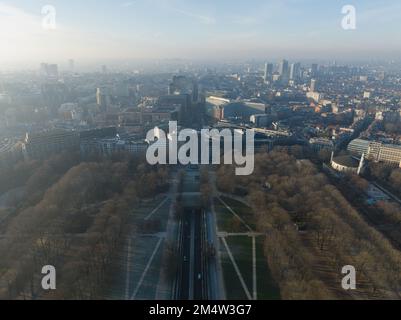 Brussels, 17th of December 2022, Belgium. Jubelpark, Park of the Fiftieth Anniversary. Urban monumental park, aerial drone overhead city skyline view Stock Photo