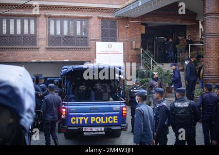 Kathmandu, Nepal. 23rd Dec, 2022. Security personnel present at Immigrantion Office in Dillibazar, Kathmandu after French serial killer Charles Sobhraj, popularly known as ''˜Bikini Killer' gets released from the central jail and brought there on Friday. Credit: ZUMA Press, Inc./Alamy Live News Stock Photo