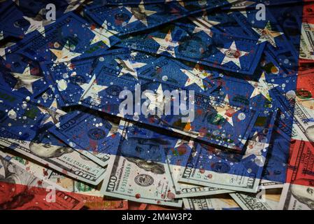 USA american national flag as a background, American dollars on USA flag, close up Stock Photo