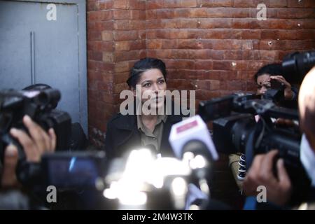 Kathmandu, Nepal. 23rd Dec, 2022. Nihita Biswas, who was married to French serial killer Charles Sobhraj gives an interview to Nepalese media outside the immigration office in Dillibazar, Kathmandu on Friday. Charles, who is popularly known as ''˜Bikini Killer' gets released from the central jail in Kathmandu, Nepal on Friday.78 year old, Sobhraj, who was serving a 19-year jail term on charge of murders in the central jail, had earlier filed an application claiming that he was put in prison more than the period recommended for him on murder charge. Credit: ZUMA Press, Inc./Alamy Live News Stock Photo