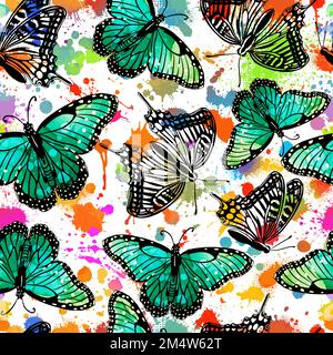 Seamless watercolor butterflies pattern. Background with colored blots. Vector illustration Stock Vector