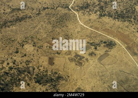 Aerial view of Tanzanian Landscape Between Arusha and Serengeti, Tanzania Stock Photo