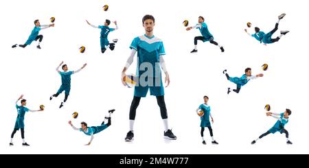 Collage of movements. Young man, volleyball player in motion, training, playing isolated over white background. Sport, development of movements Stock Photo