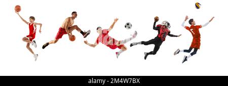 Basketball, football, voleyball players in action over white background. Concept of sport, achievements, competition, championship. Collage Stock Photo