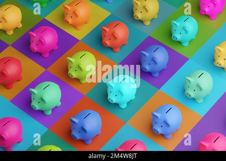 Array of piggy banks in saturated colours on high colour contrast background. Bank savings, financial investment and multiple sources of income Stock Photo