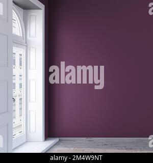 3d purple wall mockup design in an empty room with wooden floor, french windows Stock Photo