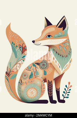 Cartoon cute Foxes Folk. Scandinavian art. poster. t-shirt Stock Photo