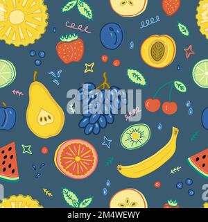 Seamless endless pattern: juicy, fresh exotic fruits and berries. It looks great both on a dark and also on a light background. Stock Vector
