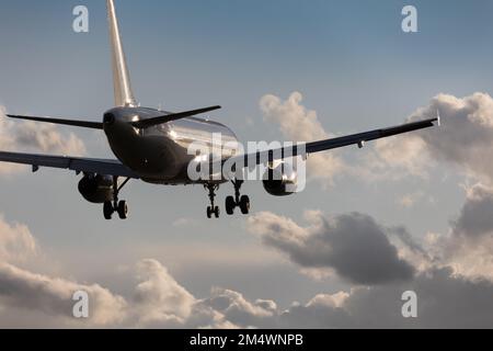 close-up of a silver aircraft in final approach at Stuttgart Airport, against bright cloudy sky. Reflection of the sun in the aircraft, landing gear d Stock Photo
