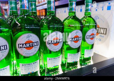 Tyumen, Russia-September 27, 2022: Products of Martini, famous Italian vermouth. Sale at the stores of the metro hypermarket Stock Photo