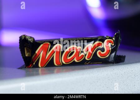Tyumen, Russia-October 14, 2022: Mars chocolate bar. Mars, Incorporated is an American multinational manufacturer of confectionery. Selective focus Stock Photo