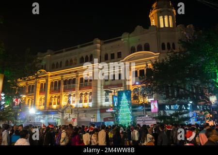 Kolkata, West Bengal, India - 26.12.2018 : Decorated lights and Christmas celebration at illuminated Park street with joy and year end festive mood. Stock Photo