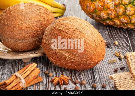 coconut group on wood background Stock Photo
