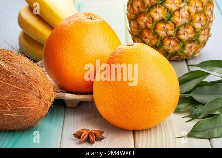 grapefruit group on wood background Stock Photo