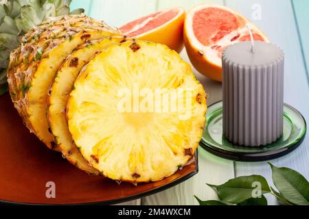 sliced pineapple on wood background Stock Photo