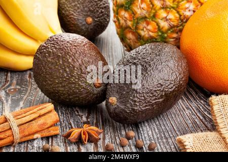 hass avocado on wood background Stock Photo