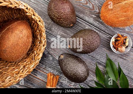 hass avocado on wood background top view Stock Photo