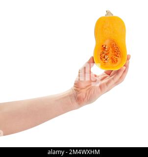 sliced butternut in hand path isolated on white Stock Photo