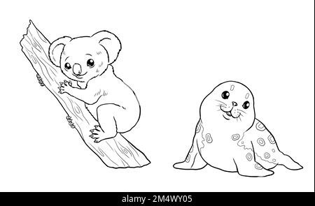 Cute koala and seal for coloring. Template for a coloring book with funny animals. Coloring template for kids. Stock Photo