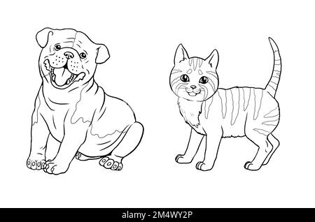 Cute english bulldog and cat coloring page. Template for a coloring book with funny animals. Coloring template for kids. Stock Photo