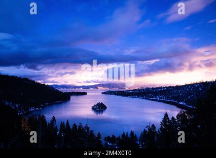 A beautiful and starry night over Emerald Bay State Park - Lake Tahoe, California Stock Photo