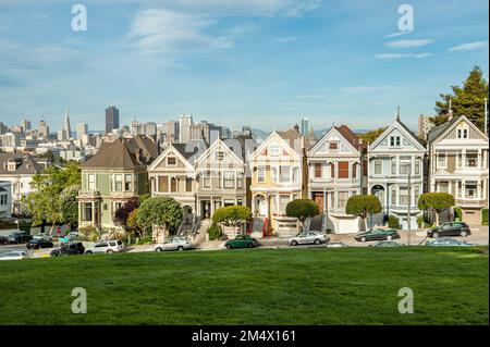 The Painted ladies at Steiner Street on Alamo Square in San Francisco, CA also known as the Post Card row. Stock Photo