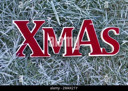 Christmas. The inscription xmas in wooden, letters on the grass with hoarfrost. Stock Photo