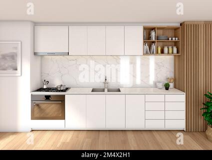 Interior of a kitchen seen from the front. Luminous image. Wooden floor, white furniture, marble counter tops and a wainscoting on the right side wall Stock Photo