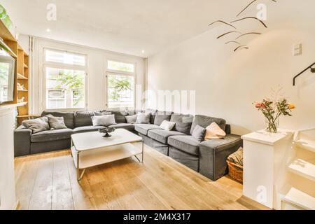 a living room with couches, coffee table and books on the shelf in front of the sofa is white Stock Photo