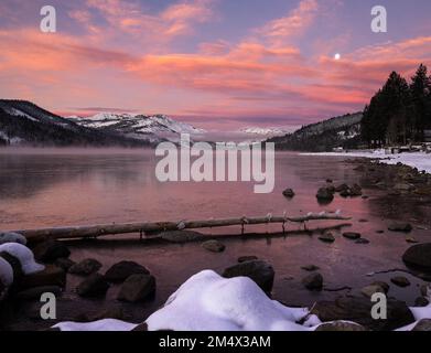 Donner Lake Sunrise Landscape Winter , Tahoe National Forest - California Stock Photo