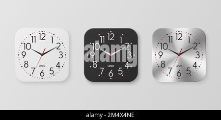 Vector 3d Realistic White, Black, Silver Square Wall Office Clock Icon Set, Design Template Isolated. Dial, Mock-up of Wall Clock for Branding and Stock Vector