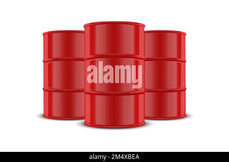 Vector 3d Realistic Three Red Barrels, Hazard Liquid. Caution Barrel, Radioactive, Hazardous Chemical Materials, Toxic Pollution, Many Danger Barrels Stock Vector