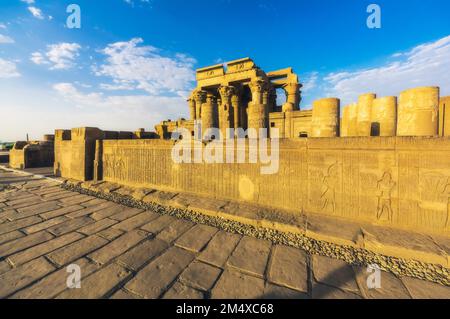 Egypt, Aswan Governorate, Kom Ombo, Hieroglyphics in front of Temple of Kom Ombo Stock Photo