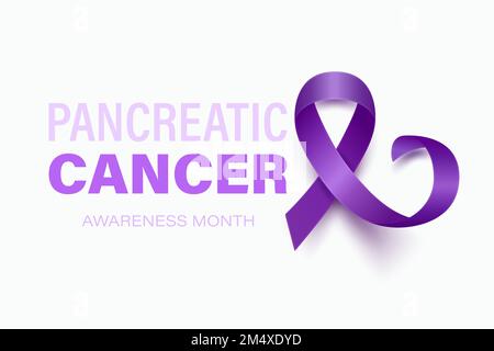 Pancreatic Cancer Banner, Card, Placard with Vector 3d Realistic Purple Ribbon on Purple Background. Pancreatic Cancer Awareness Month Symbol Closeup Stock Vector