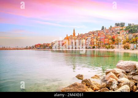 France, Provence-Alpes-Cote dAzur, Menton, Shore of town on French Riviera at dusk Stock Photo